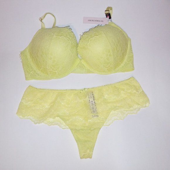 Victoria Secret Bra Set 38D Push Up Large Panty Yellow Lace Wide Side Thong Drea
